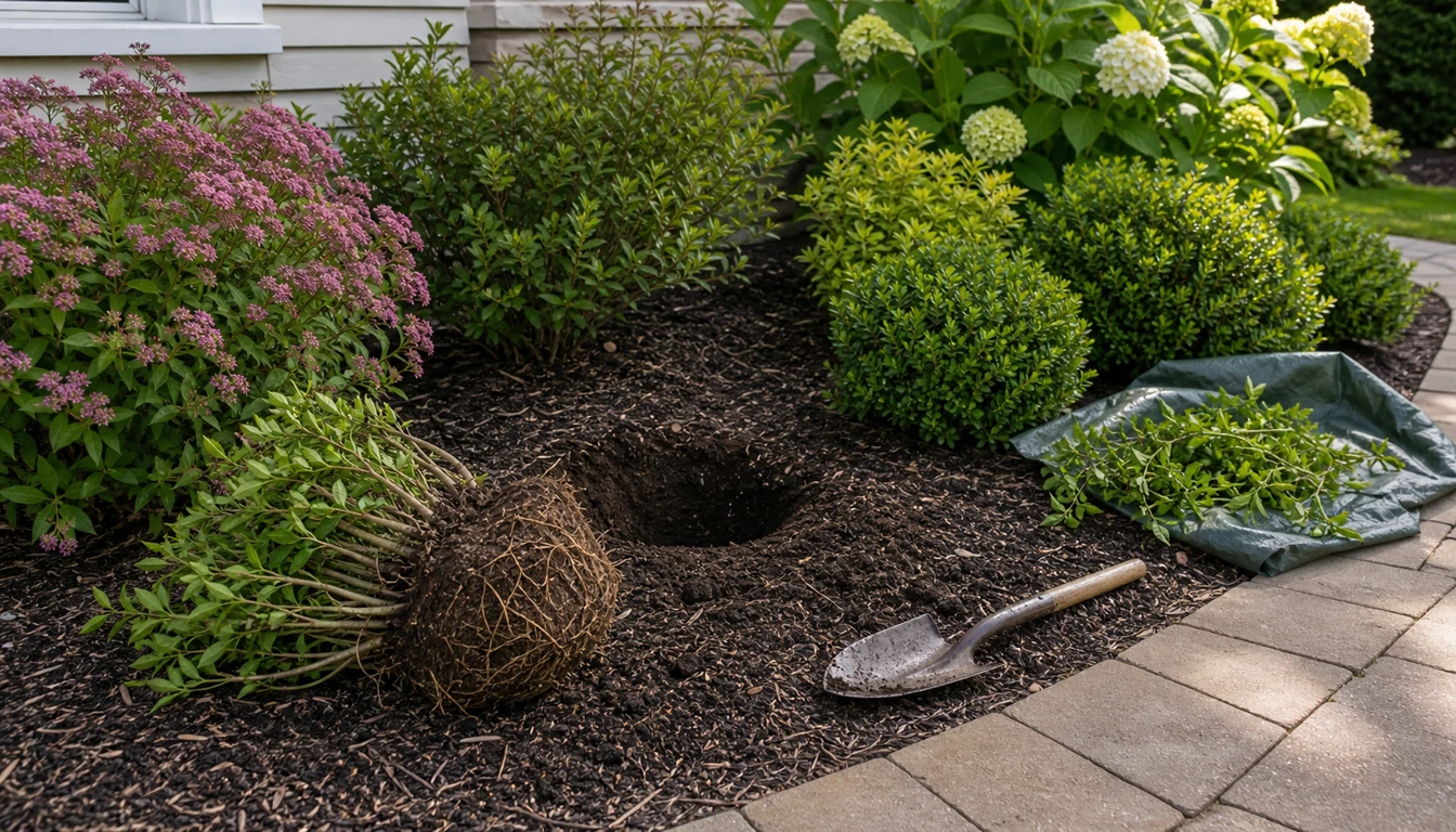 open replacement gap in an ornamental shrub border with a removed shrub root ball nearby