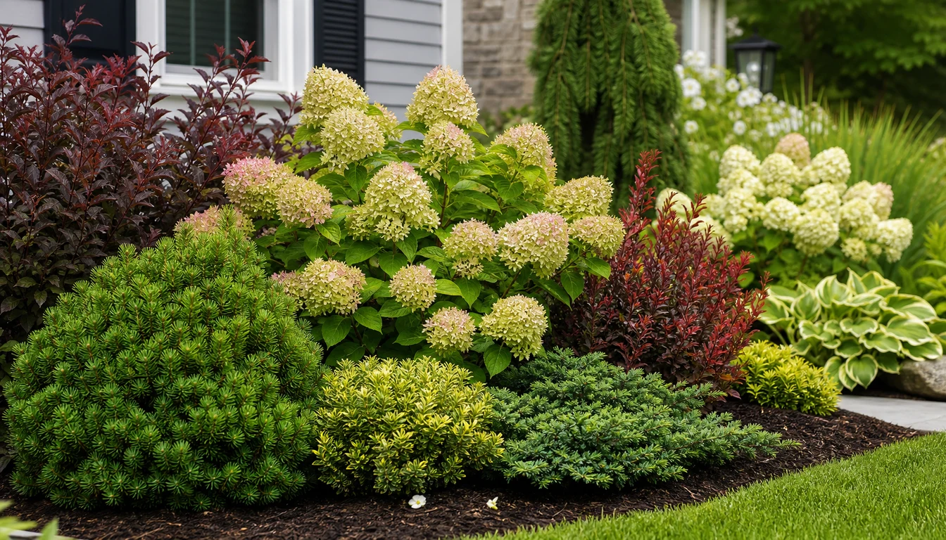 Ornamental shrubs with flowers and colorful foliage in a mixed border