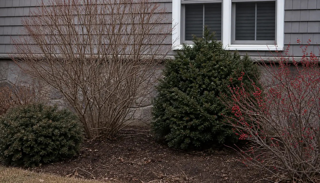 A foundation planting in winter with bare arching branch structure on the left, a dense dark evergreen in the middle and red berries on bare stems on the right, against a house wall and window