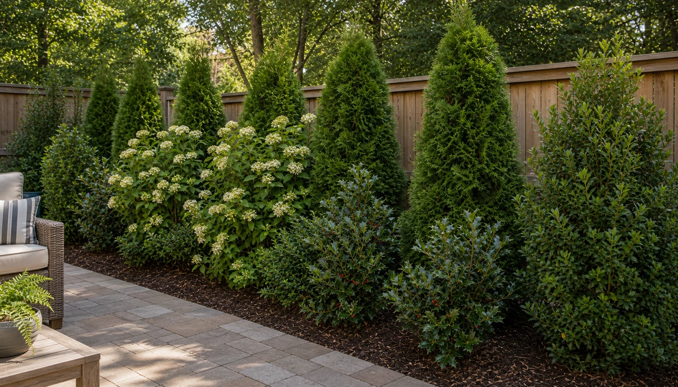mixed privacy shrubs forming a living screen along a backyard fence
