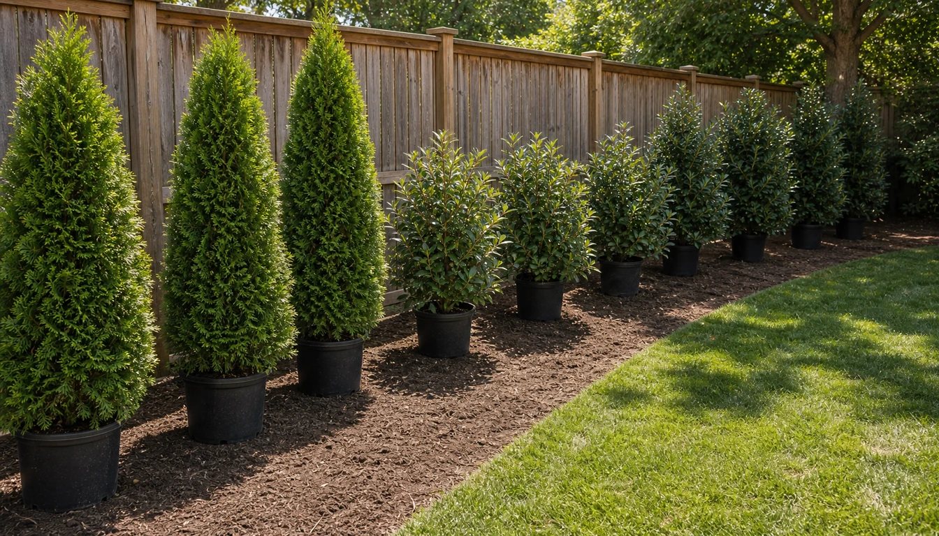 potted privacy shrubs arranged along a fence by sun exposure and spacing