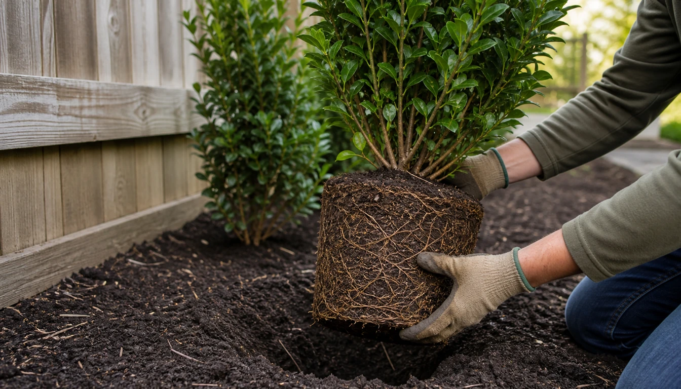 healthy privacy shrub root ball held above a prepared fence-line bed