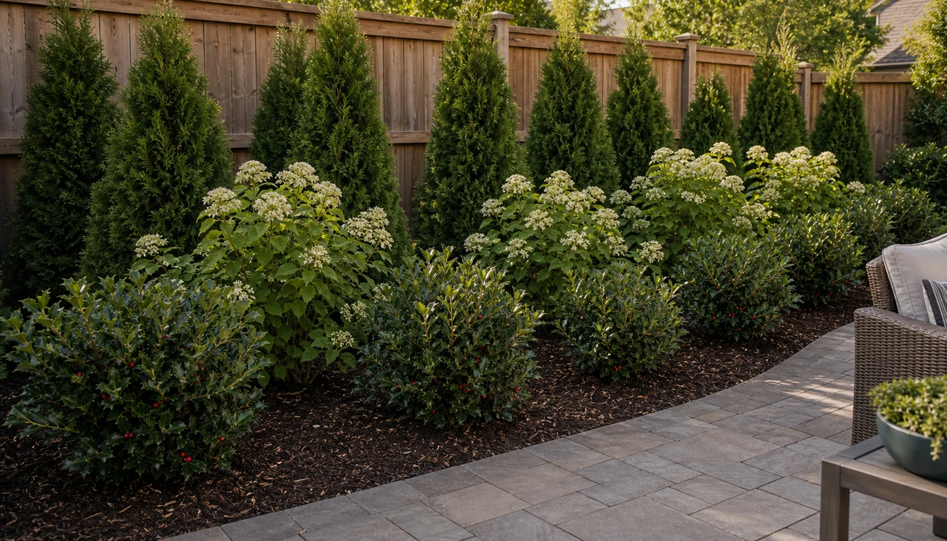 staggered double row of privacy shrubs beside a backyard patio