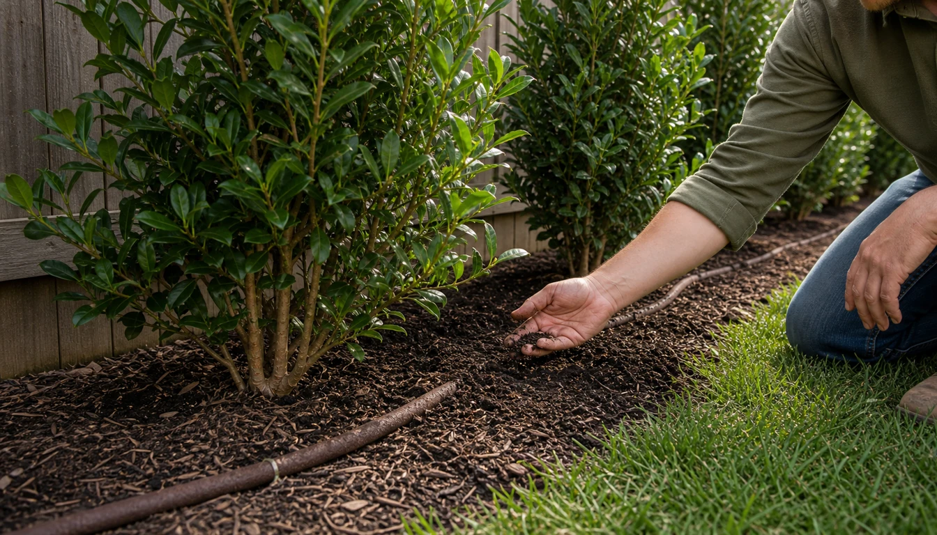 soaker hose and compost around the base of privacy shrubs along a fence