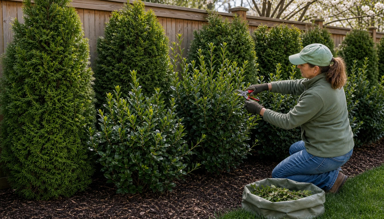 gardener lightly pruning a privacy shrub hedge along a fence