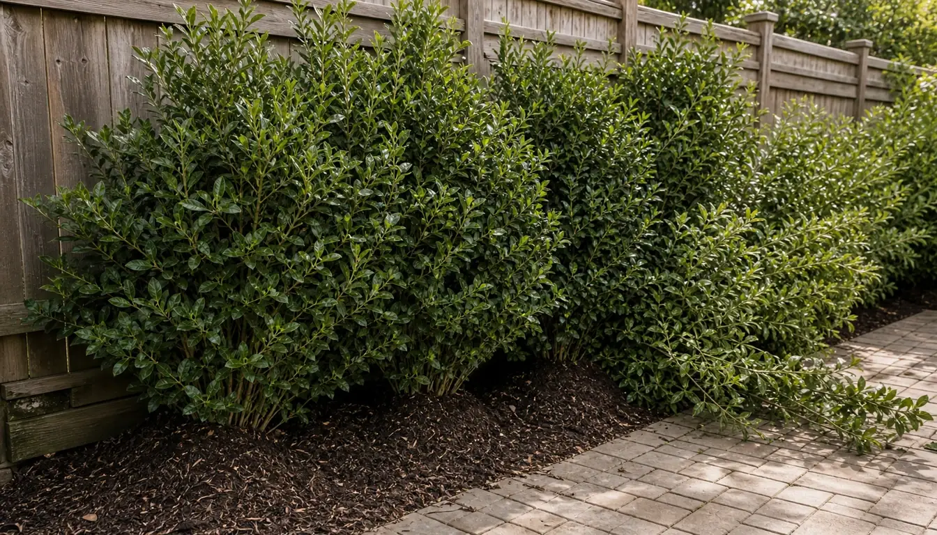 An informal shrub screen along a fence with the plants left in their natural rounded shape rather than sheared flat, foliage spilling slightly over a paved edge