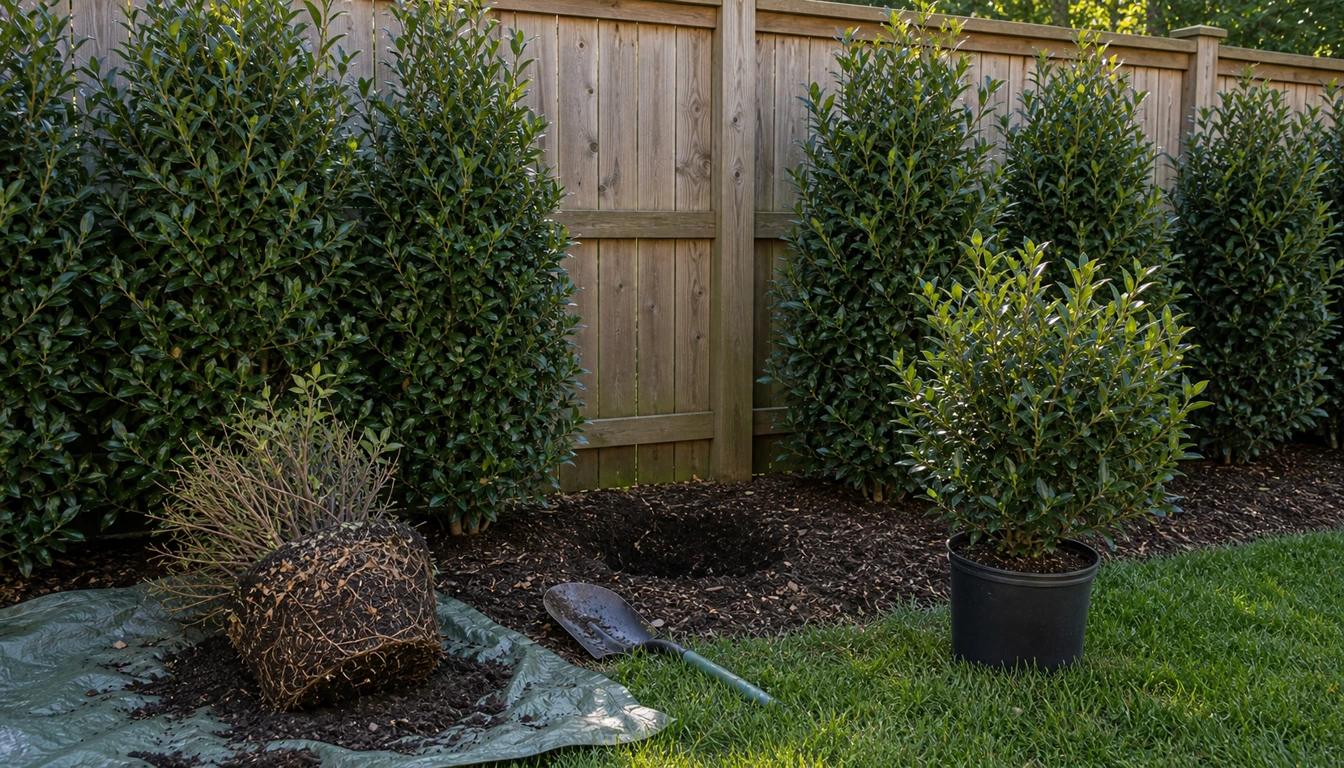 open gap in a privacy shrub screen with a replacement shrub and root ball nearby