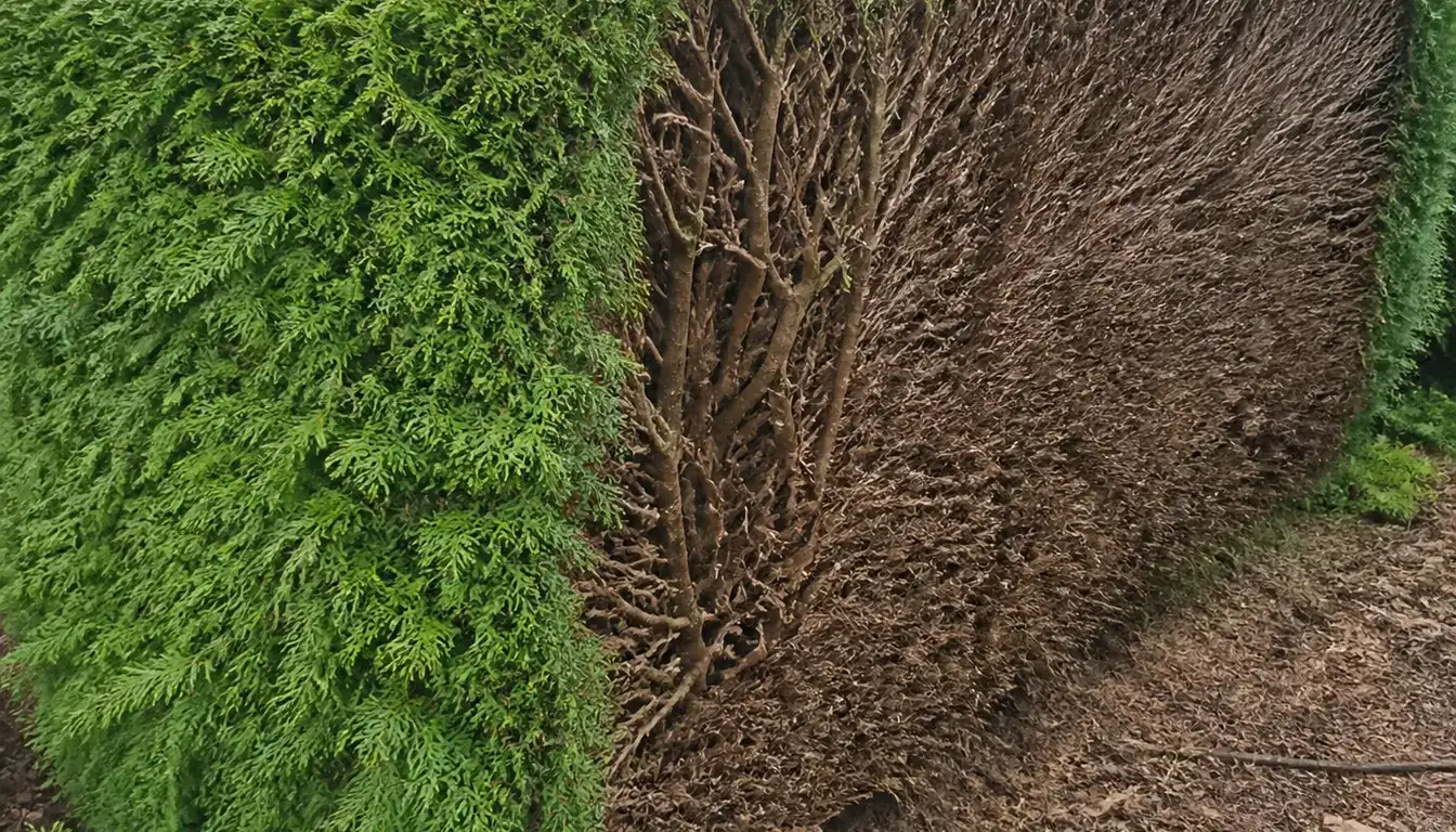 A thuja hedge cut back hard on one face, showing bare brown interior branches with no regrowth beside the untouched dense green foliage of the same plants