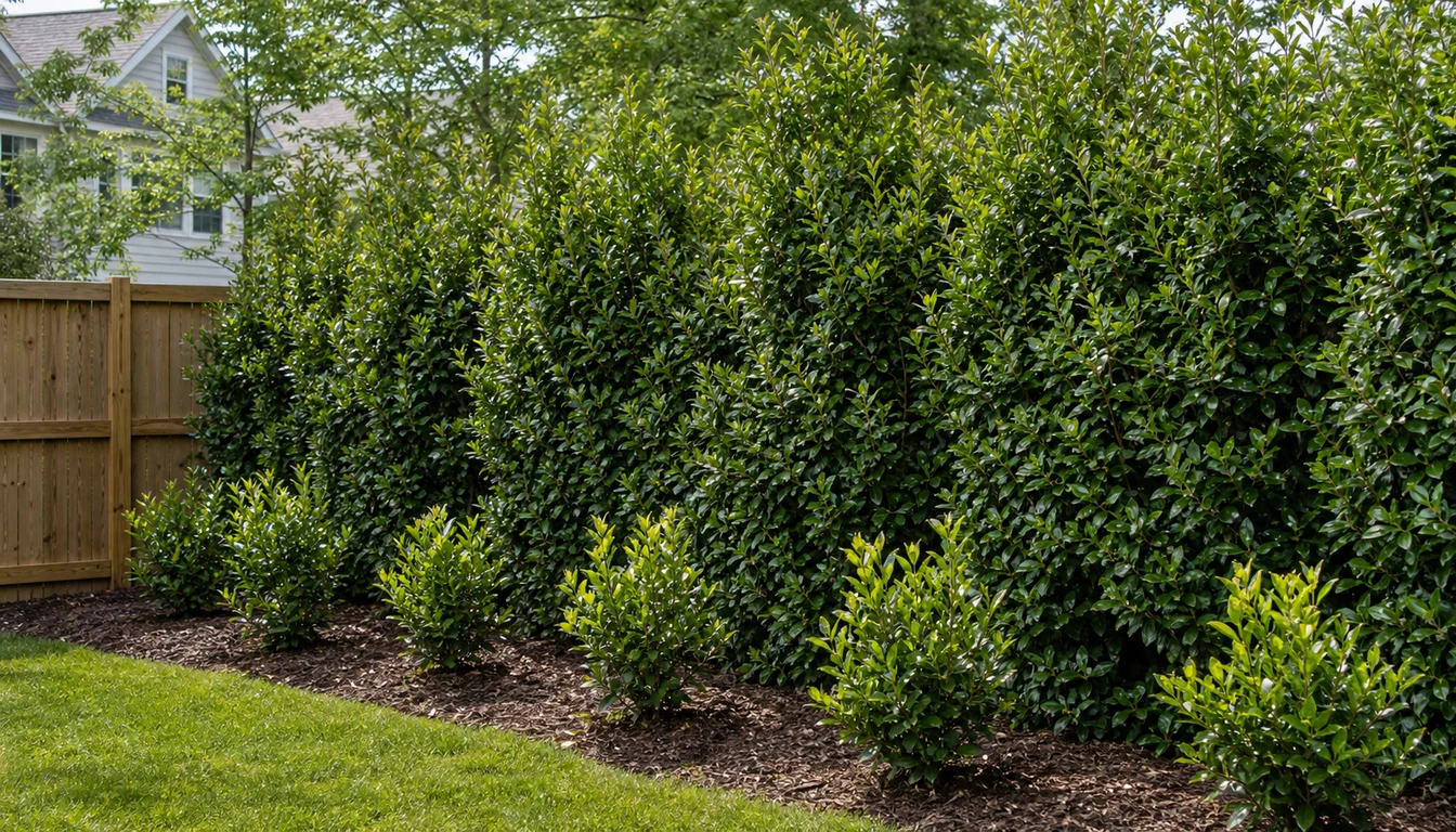 Dense evergreen privacy shrubs forming a living screen along a backyard fence