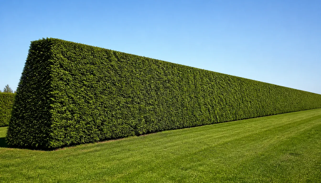 A long clipped evergreen hedge seen from one end, clearly wider at the base and narrowing toward a flat top, with dense foliage right down to the lawn
