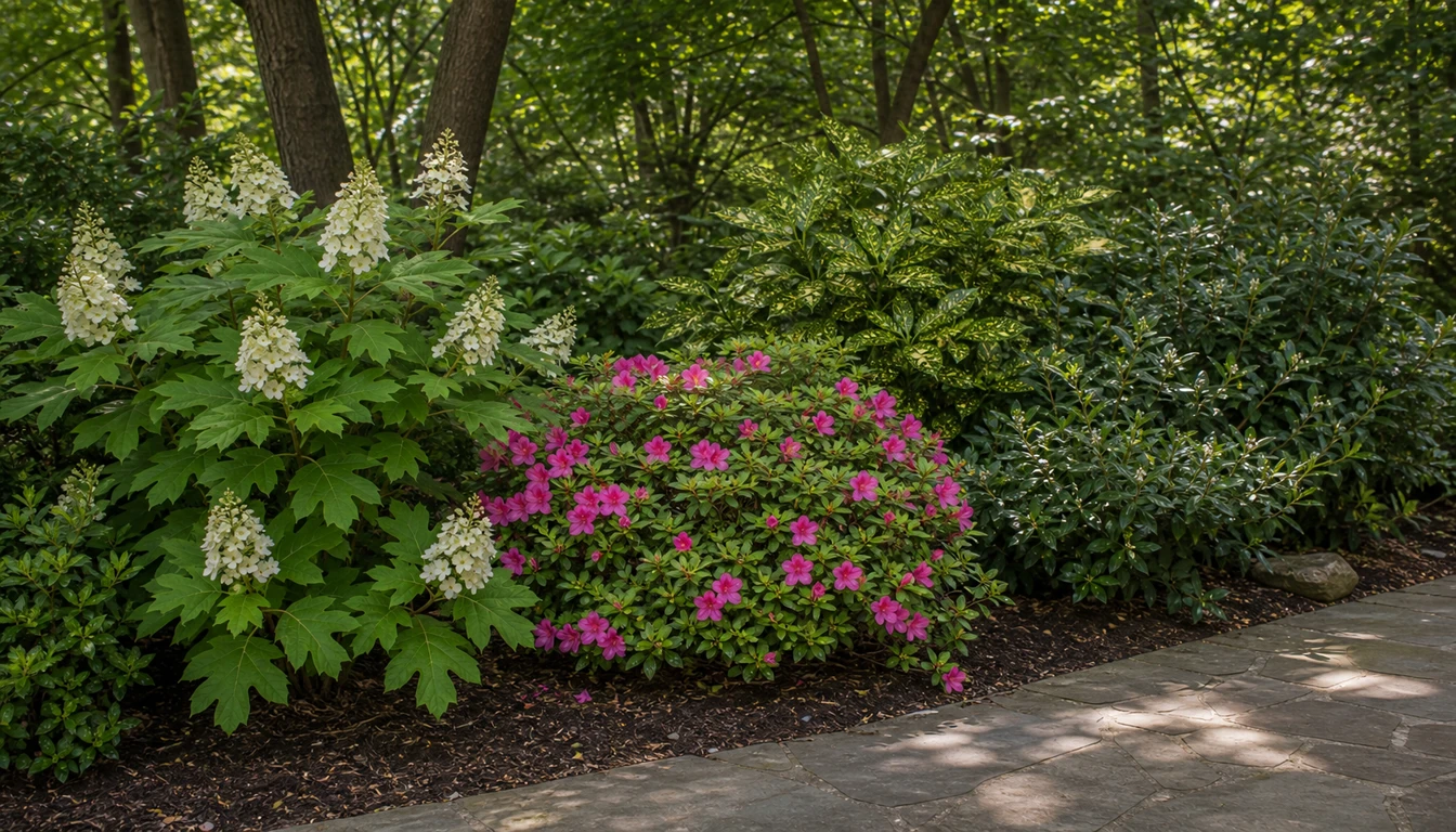 shaded shrub border with oakleaf hydrangea, azalea, aucuba, and sweetbox