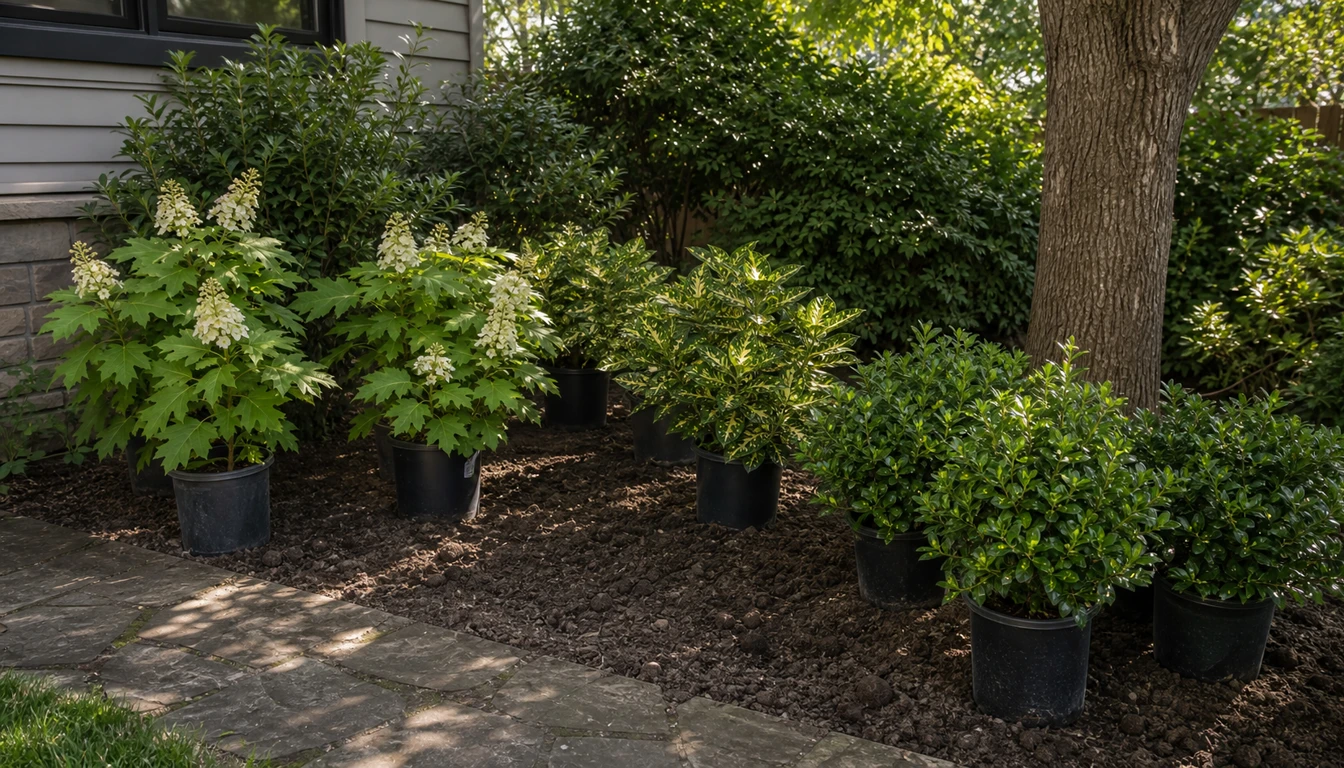 potted shade shrubs arranged by light level in a shaded garden bed