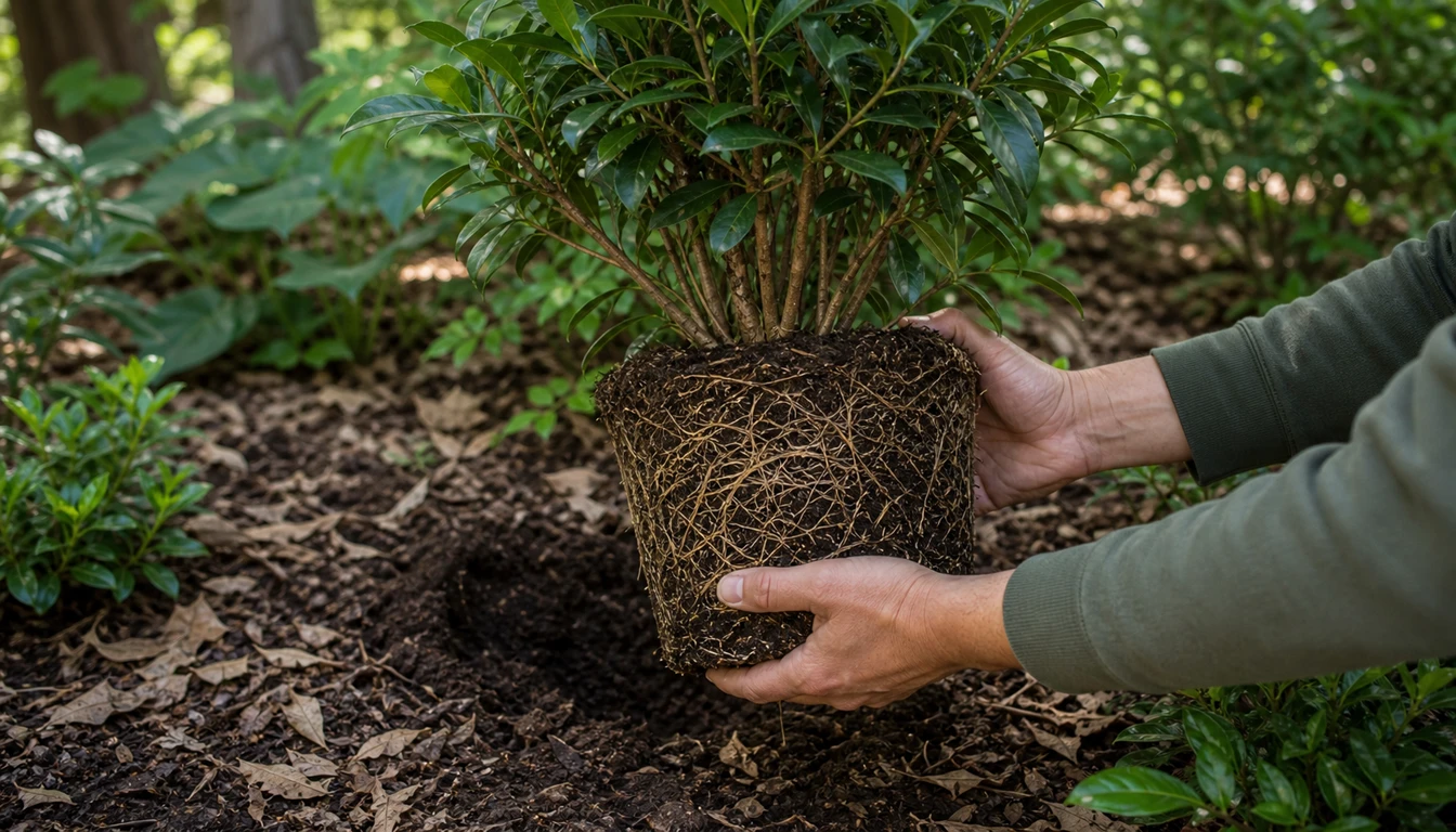 healthy shade shrub root ball held above leaf-rich soil before planting