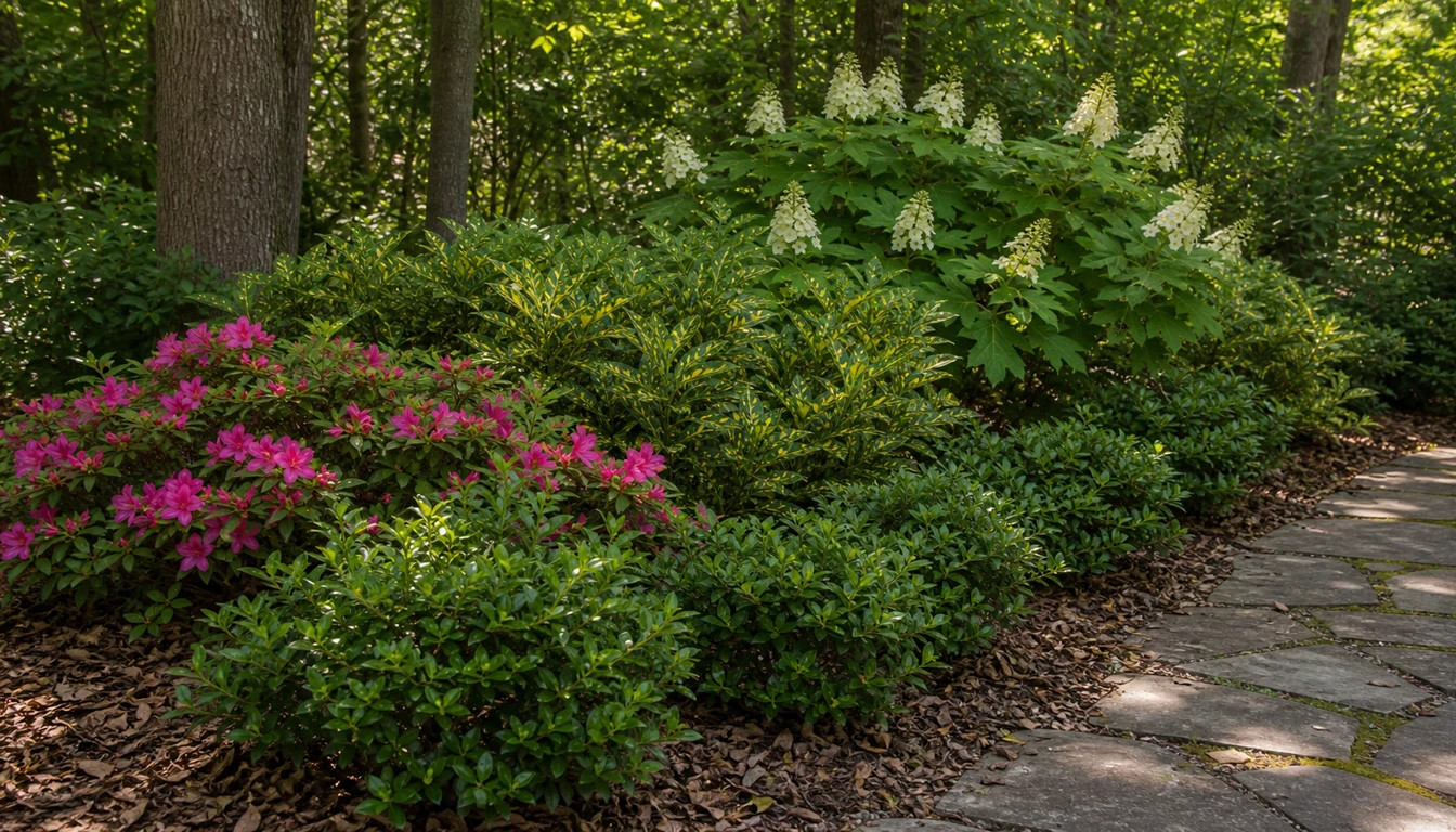 layered shade shrub bed with sweetbox, azalea, aucuba, and oakleaf hydrangea