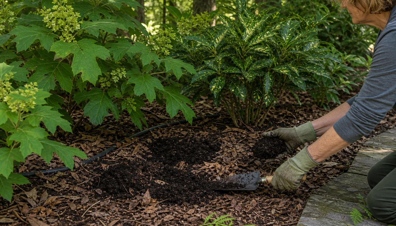 leaf mold compost and a soaker hose around shade shrubs in a mulched bed