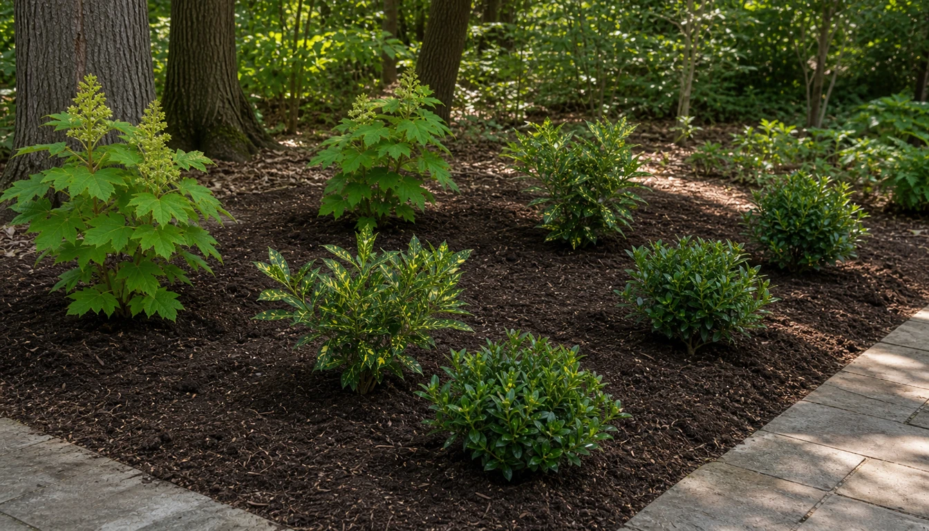 young shade shrubs spaced in a starter layout on prepared soil
