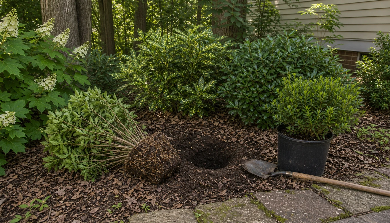 open replacement gap in a shaded shrub bed with a potted shrub nearby
