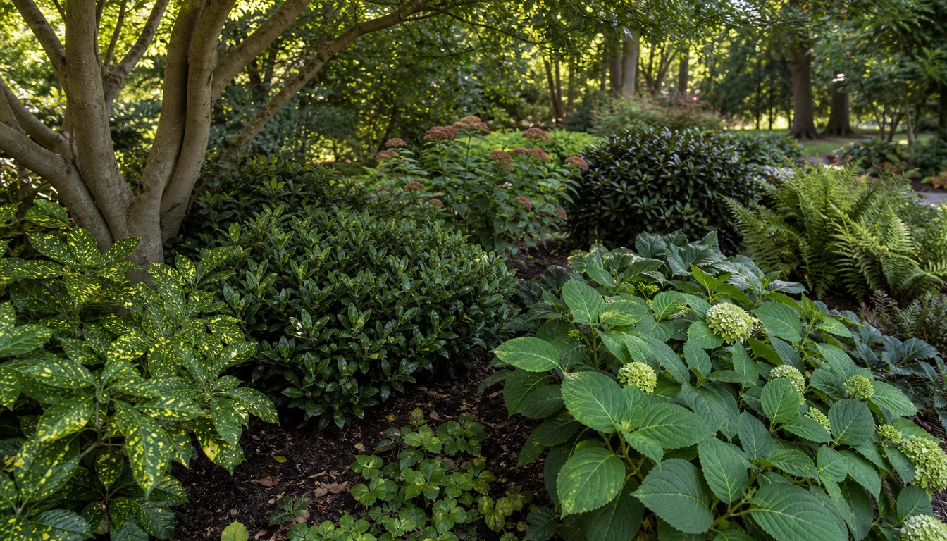 Shade tolerant shrubs with broad leaves and ferns in a cool garden bed