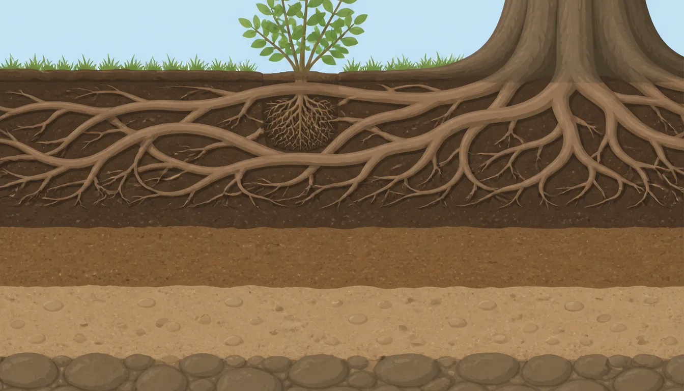 Cross-section illustration of soil under a mature tree, with a dense network of tree roots filling the upper soil layer and a small shrub rooted in a pocket between them
