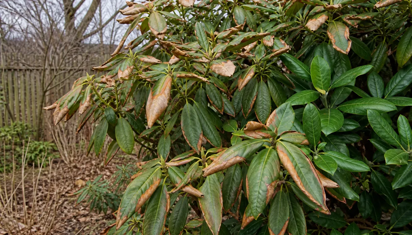 A rhododendron in late winter with bronzed and browned leaf margins on its exposed outer side while the sheltered foliage deeper in stays glossy green
