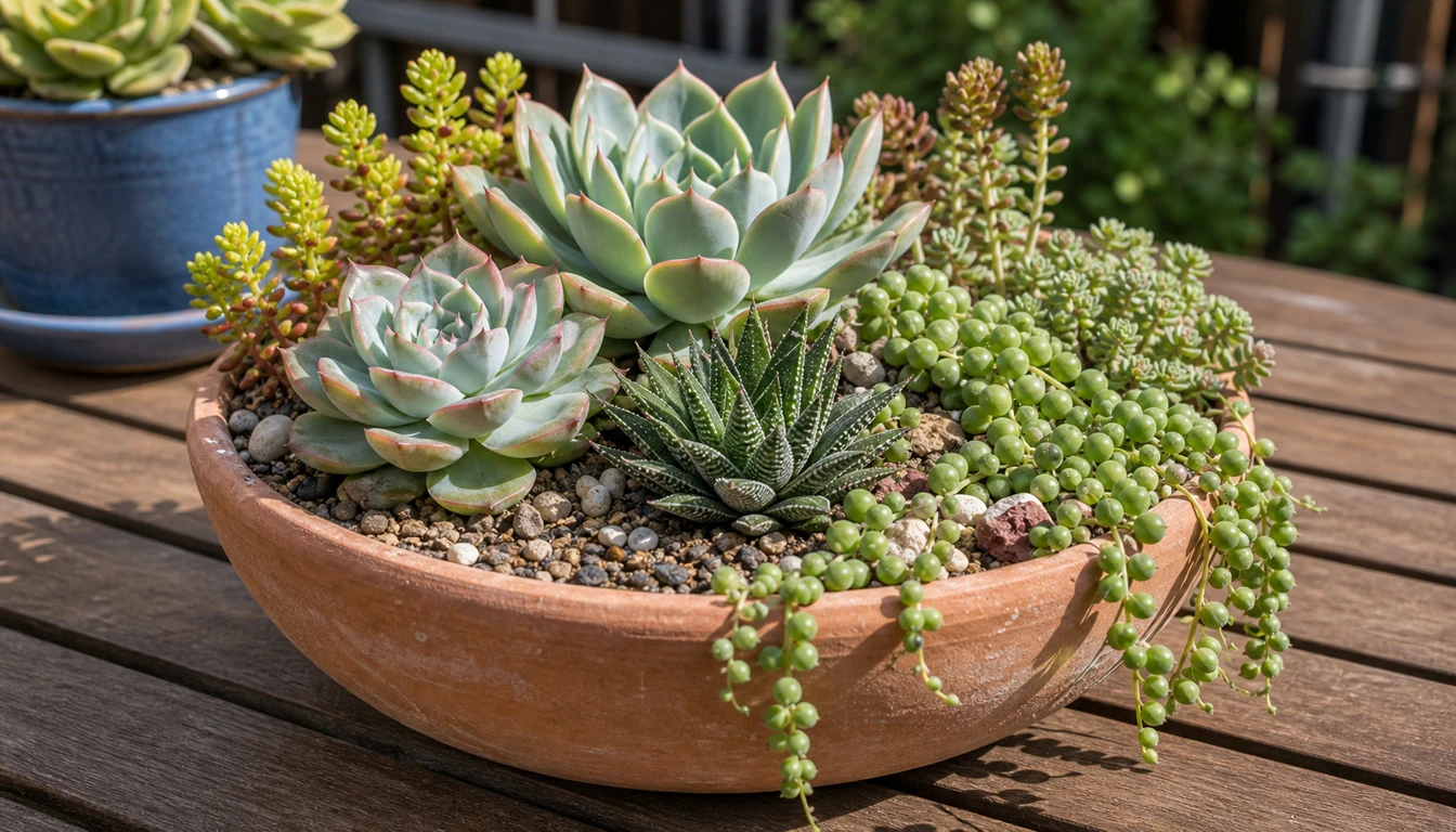 shallow terracotta succulent container with echeveria, sedum, haworthia, and trailing string of pearls