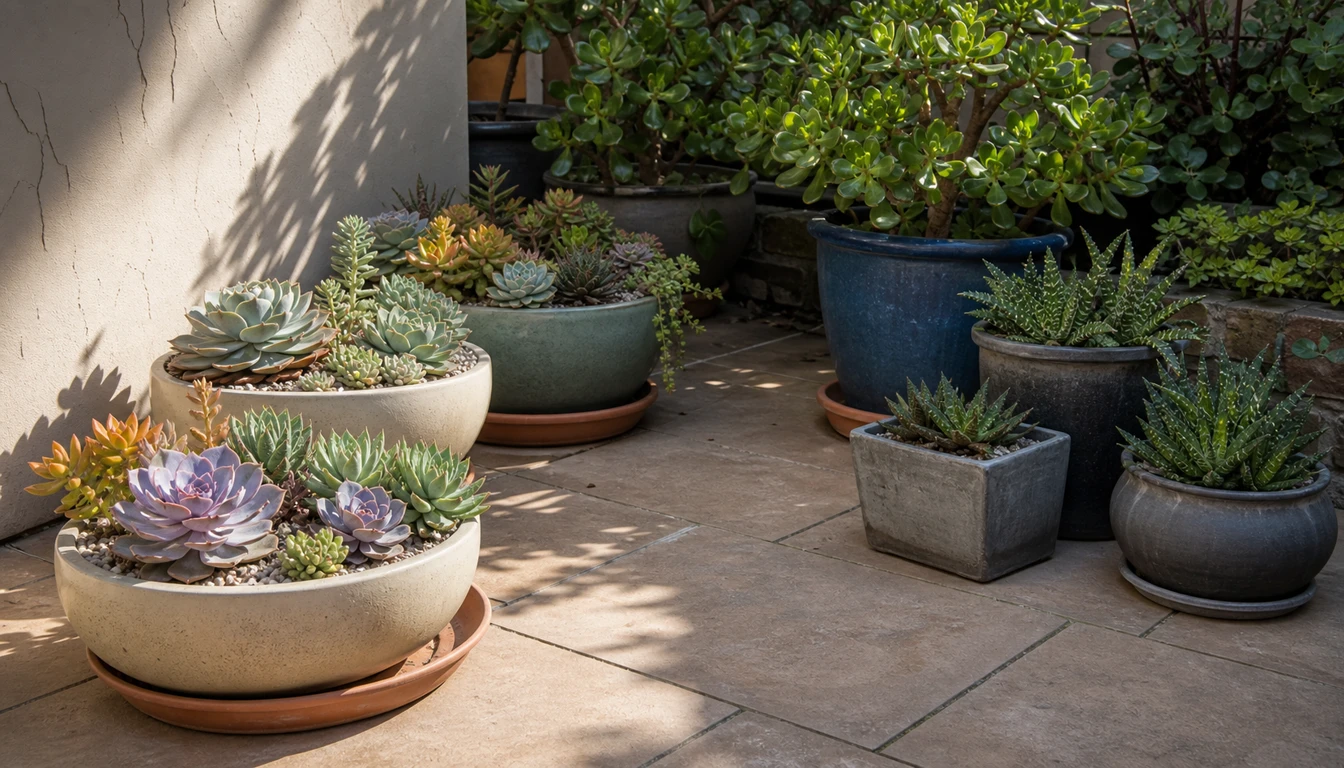 succulent containers arranged on a patio by sun and bright shade conditions