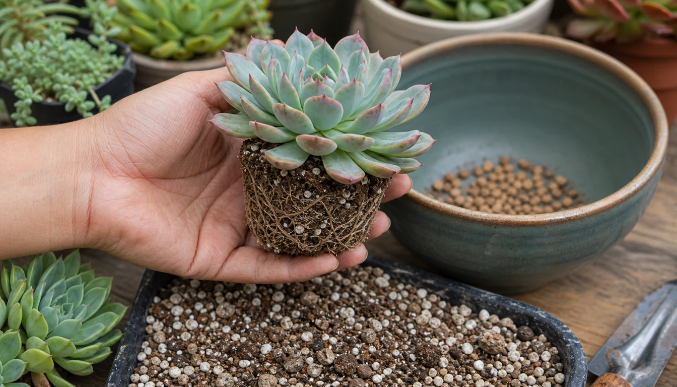 healthy echeveria roots and rosette held above gritty succulent mix