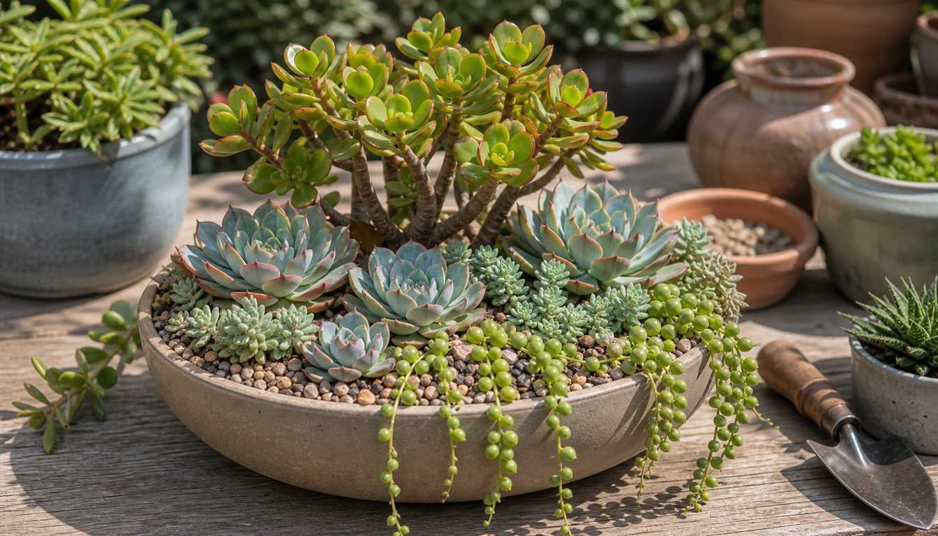layered succulent container with jade, echeveria, sedum, and trailing string of pearls
