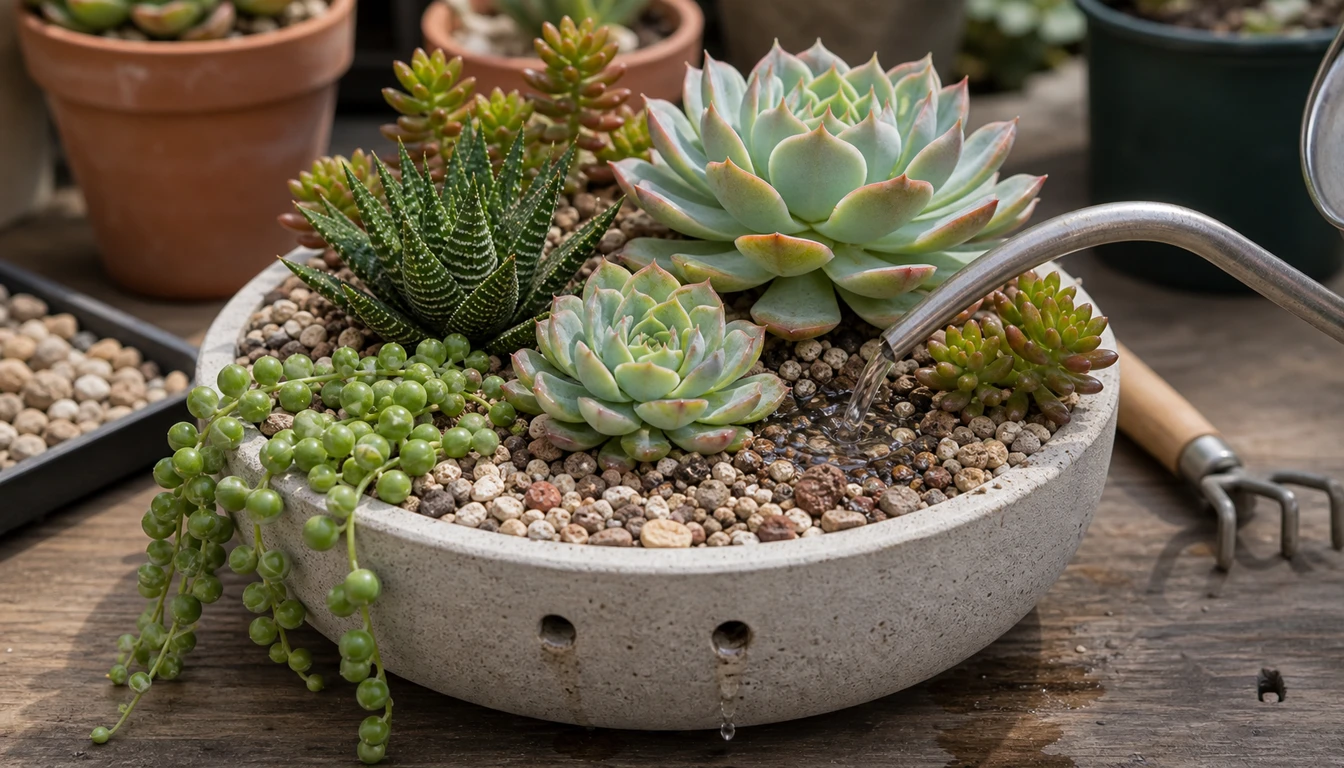 small amount of water applied at soil level in a gritty succulent container