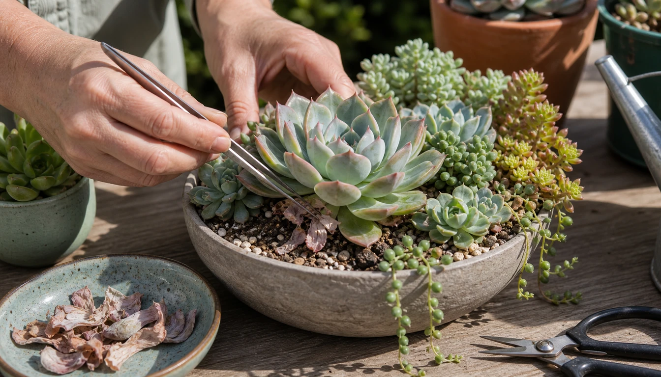 dried leaves being removed from a healthy succulent container on a patio table