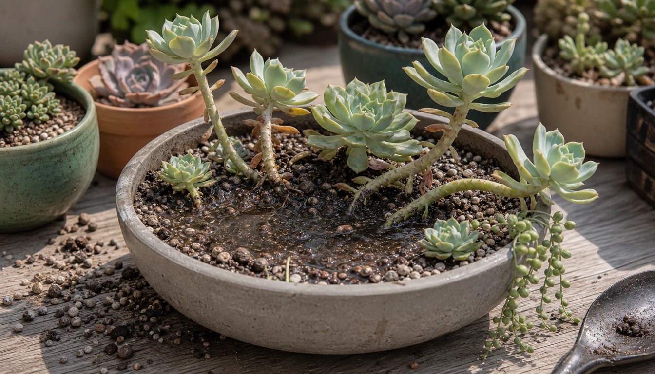 A succulent bowl where water has pooled and stood in the center of the mix while the rosettes around it have stretched onto long bare leaning stems