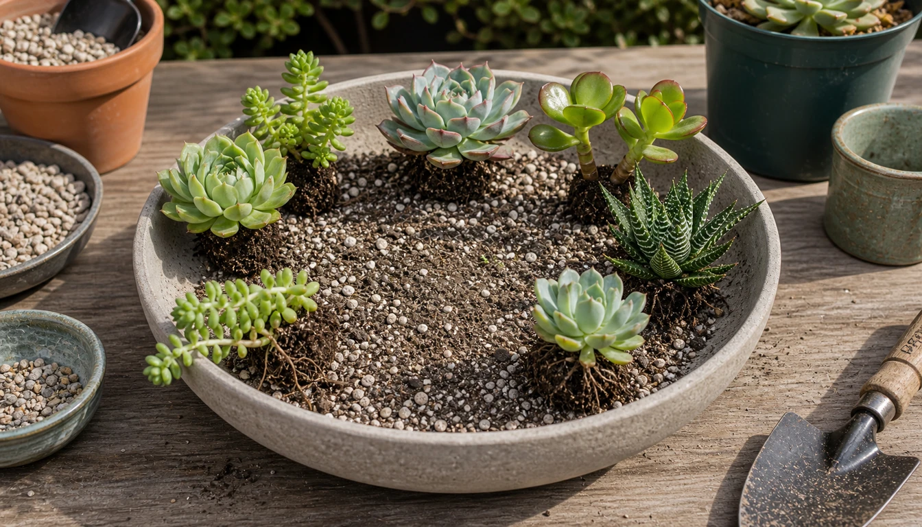 Several succulents set out in position around a shallow bowl with their root balls resting on the mix and the center not yet backfilled, gaps visible between them