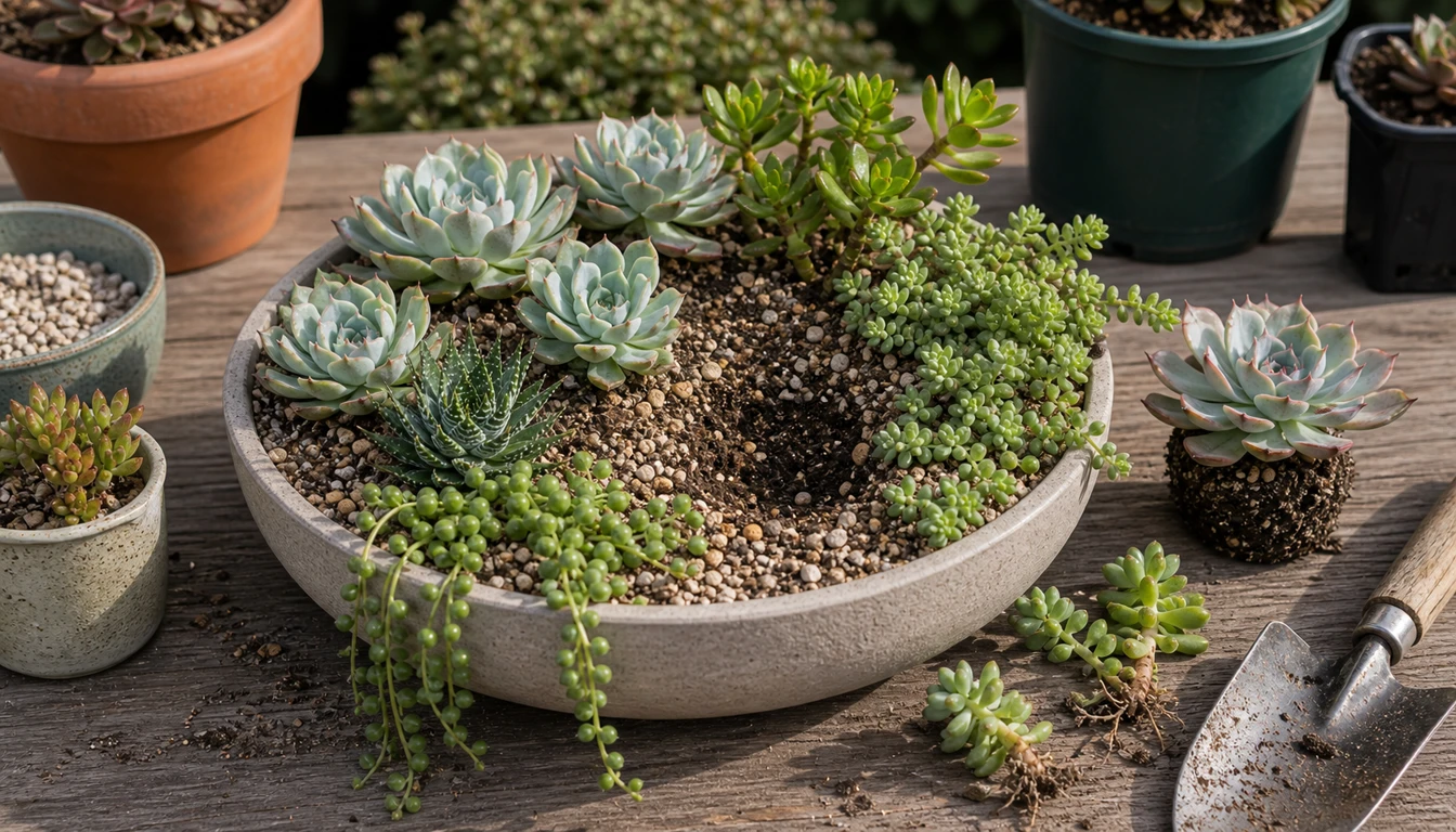 open gap in a succulent container with replacement echeveria and sedum cuttings nearby