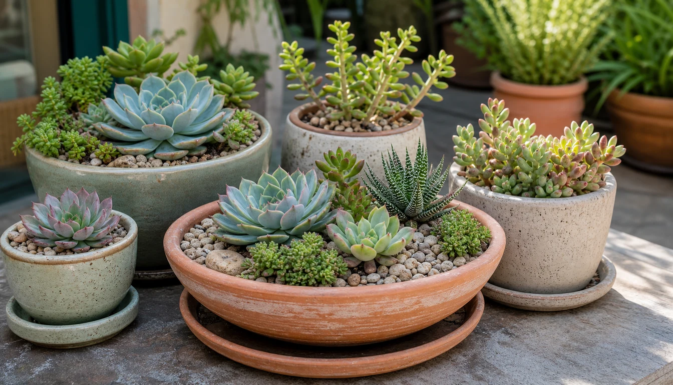 Succulent container garden with rosettes, sedum, jade stems, and gravel topdressing