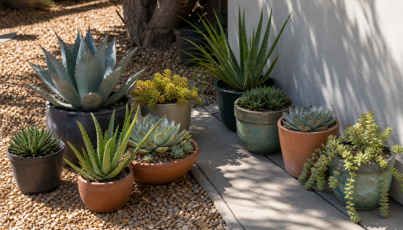 An assortment of potted succulents on gravel and paving in a dry patio corner, including agave, aloe, echeveria, haworthia and trailing sedum in a range of sizes and forms