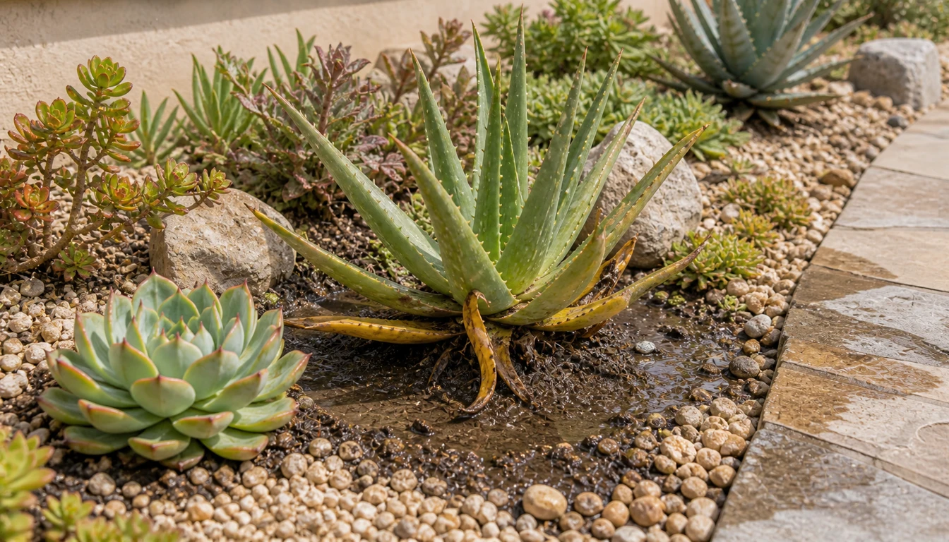 An aloe in an outdoor gravel bed with collapsed yellowing lower leaves sitting in a visibly wet puddled patch, while echeveria and sedum on drier ground nearby stay healthy