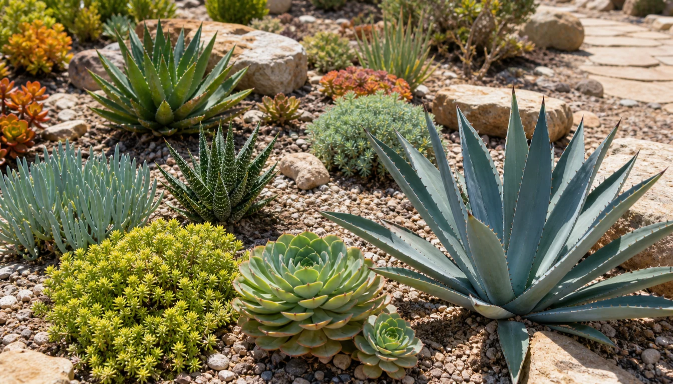 A gravel-mulched dry garden bed planted with agave, rosette succulents and sedum in visibly dry ground against a wall