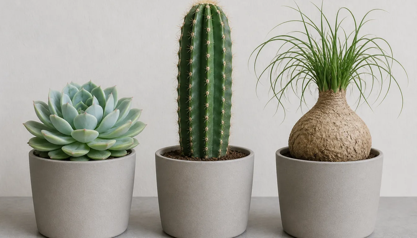Three succulents in identical plain pots side by side, a thick-leaved echeveria rosette, an upright ribbed columnar cactus, and a ponytail palm with a swollen woody base, showing the three places a succulent stores water