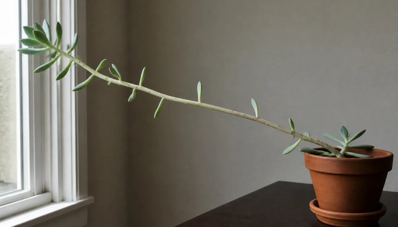A potted succulent indoors reaching sideways across the frame toward a window on a long pale bare stem with its leaves spaced widely apart instead of forming a rosette