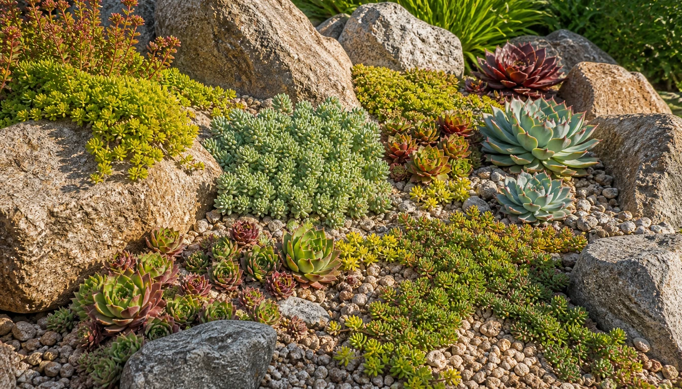 hardy succulents tucked between rocks in a sunny gravel rock garden