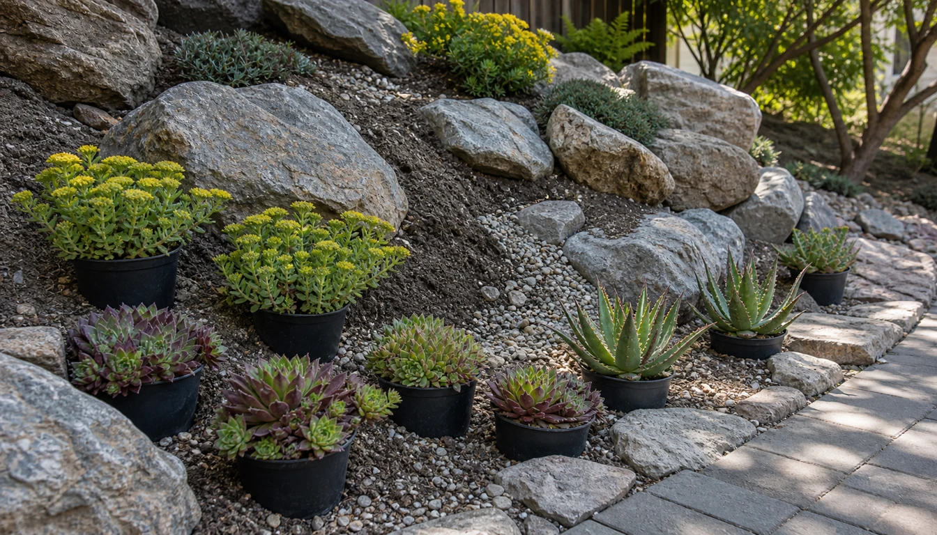 potted rock garden succulents arranged near boulders by sun and drainage conditions