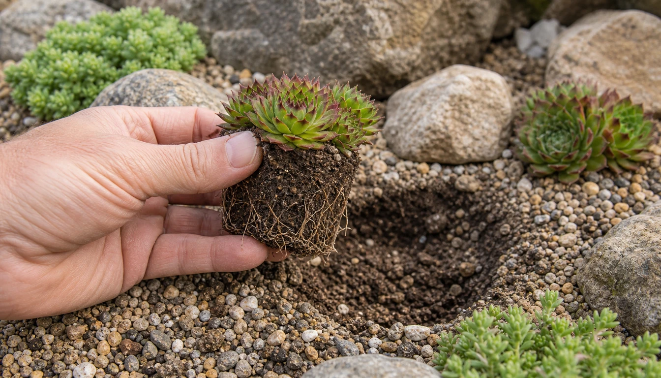 healthy succulent plug with compact roots held above a gravel planting pocket