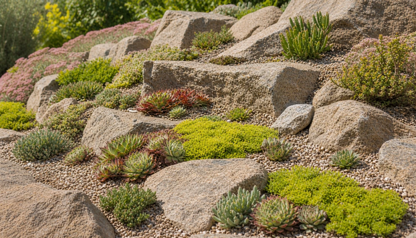 sedum mats and sempervivum rosettes arranged in pockets between rock garden boulders