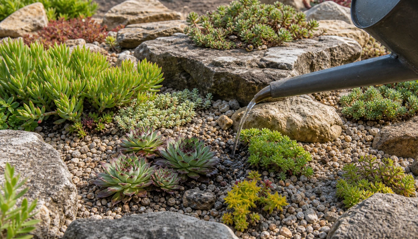 small amount of water applied at the base of rock garden succulents in gravel