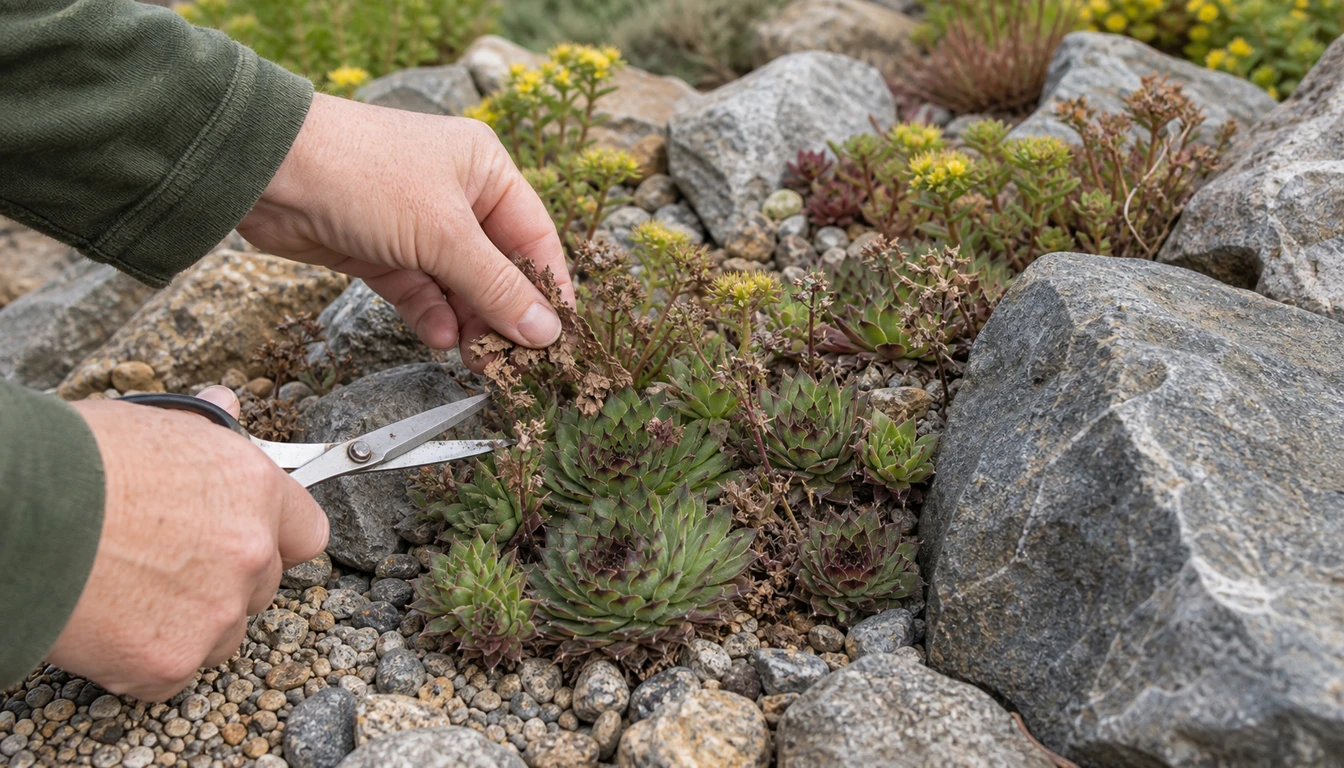dried leaves and spent stems being removed from succulents between rock garden stones