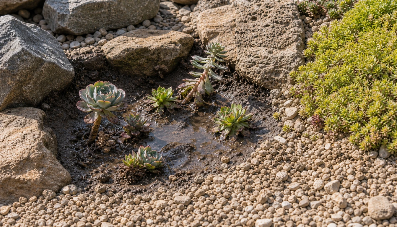 rock garden succulents in a damp low pocket with compacted soil beside gravel