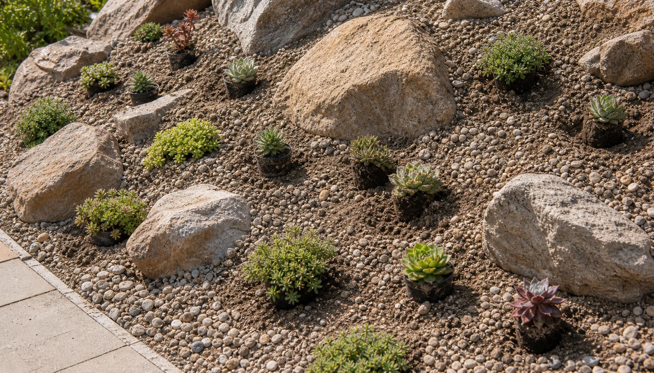 young succulents placed in open pockets between rock garden boulders before planting