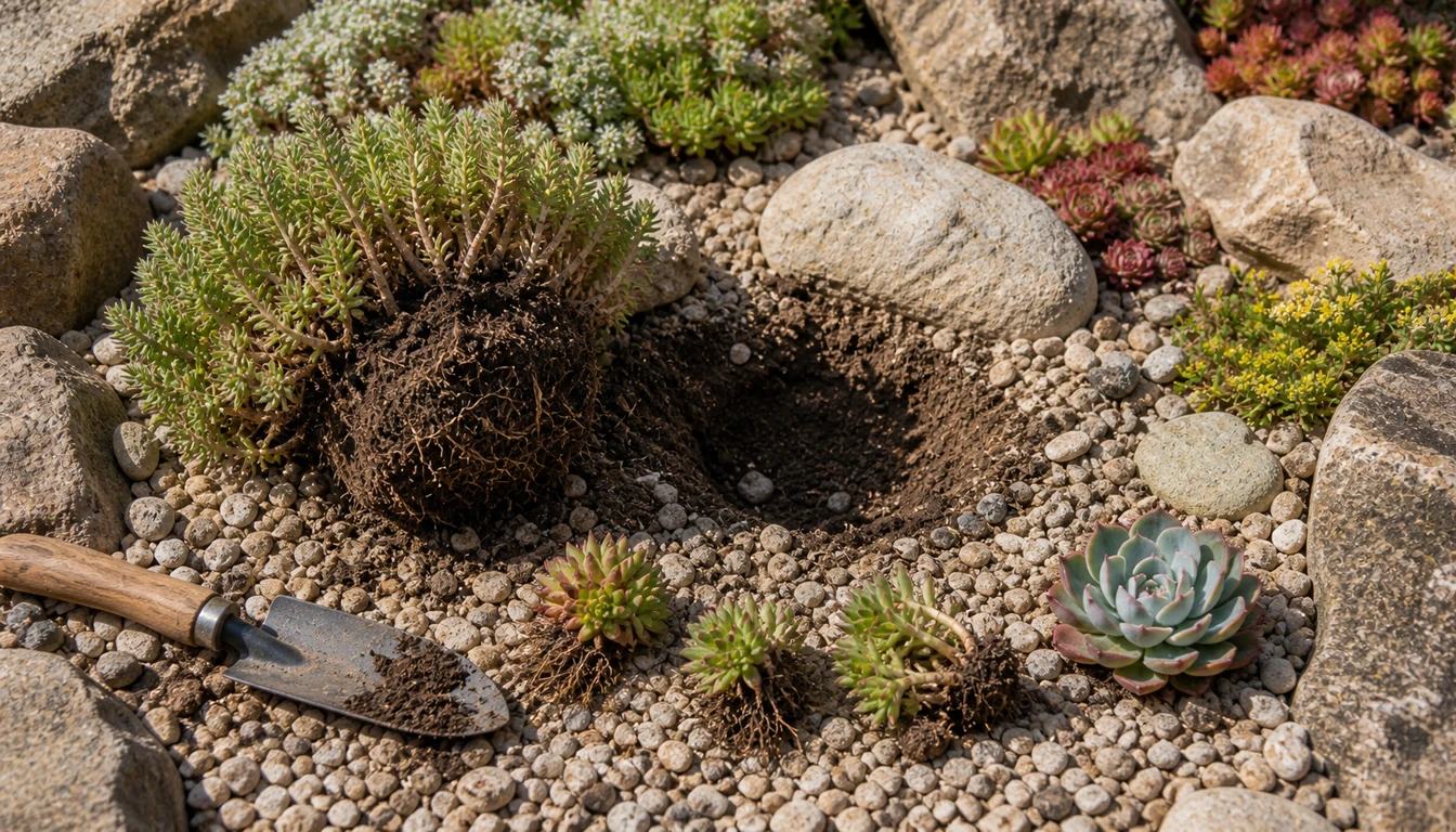 open rock garden planting gap with sedum divisions and a replacement succulent rosette nearby