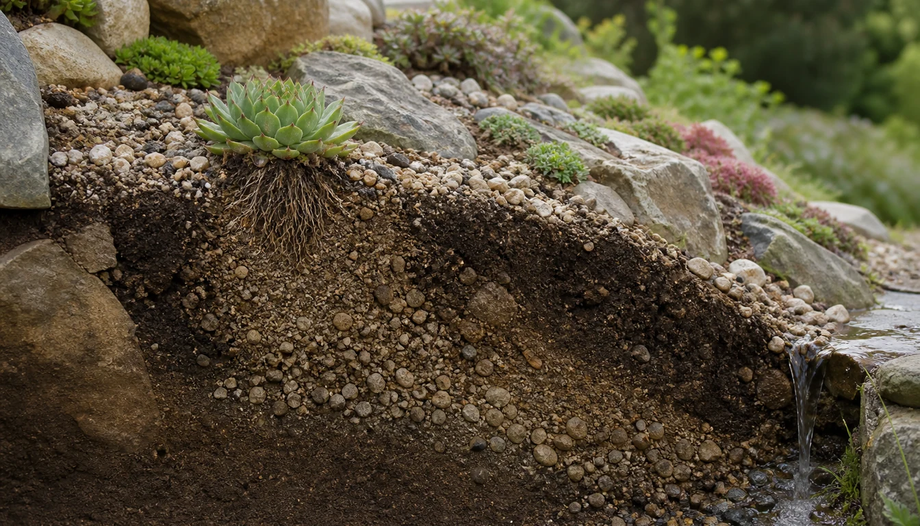 side cutaway of a raised succulent crown above a gritty root pocket connected to surrounding sloped soil and a downhill drainage outlet