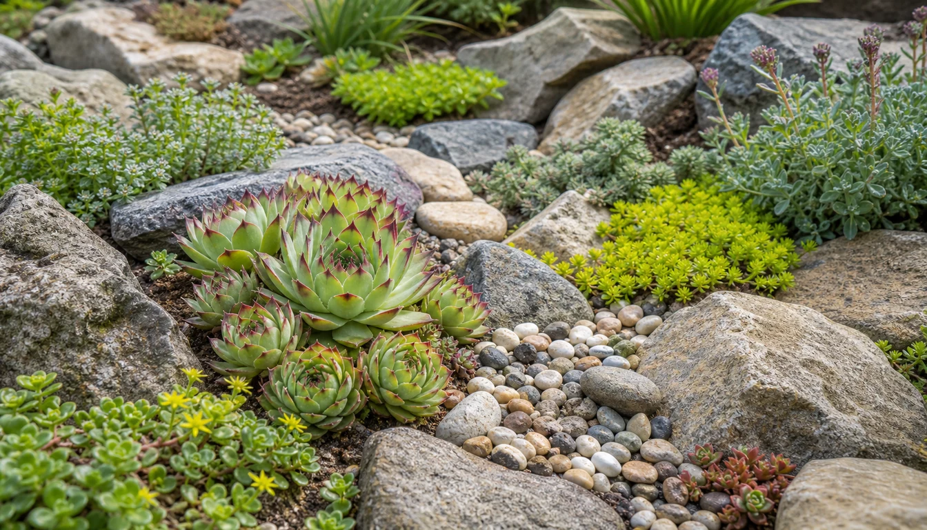Hardy succulents growing among rocks and gravel in a sunny rock garden